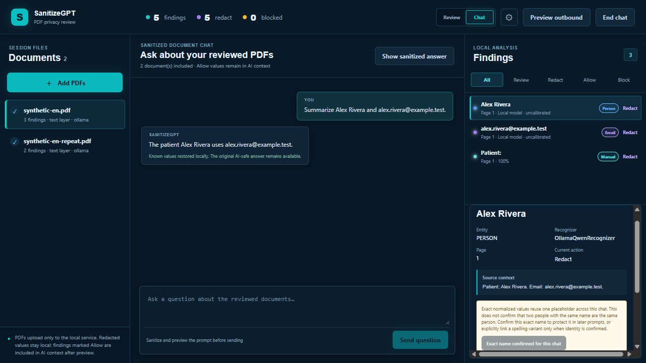 SanitizeGPT local browser interface showing a fictional document and chat example