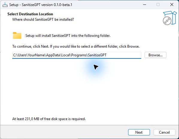 SanitizeGPT destination-folder page with an example Windows username