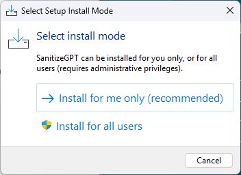Choose Install for me only in the Windows setup dialog